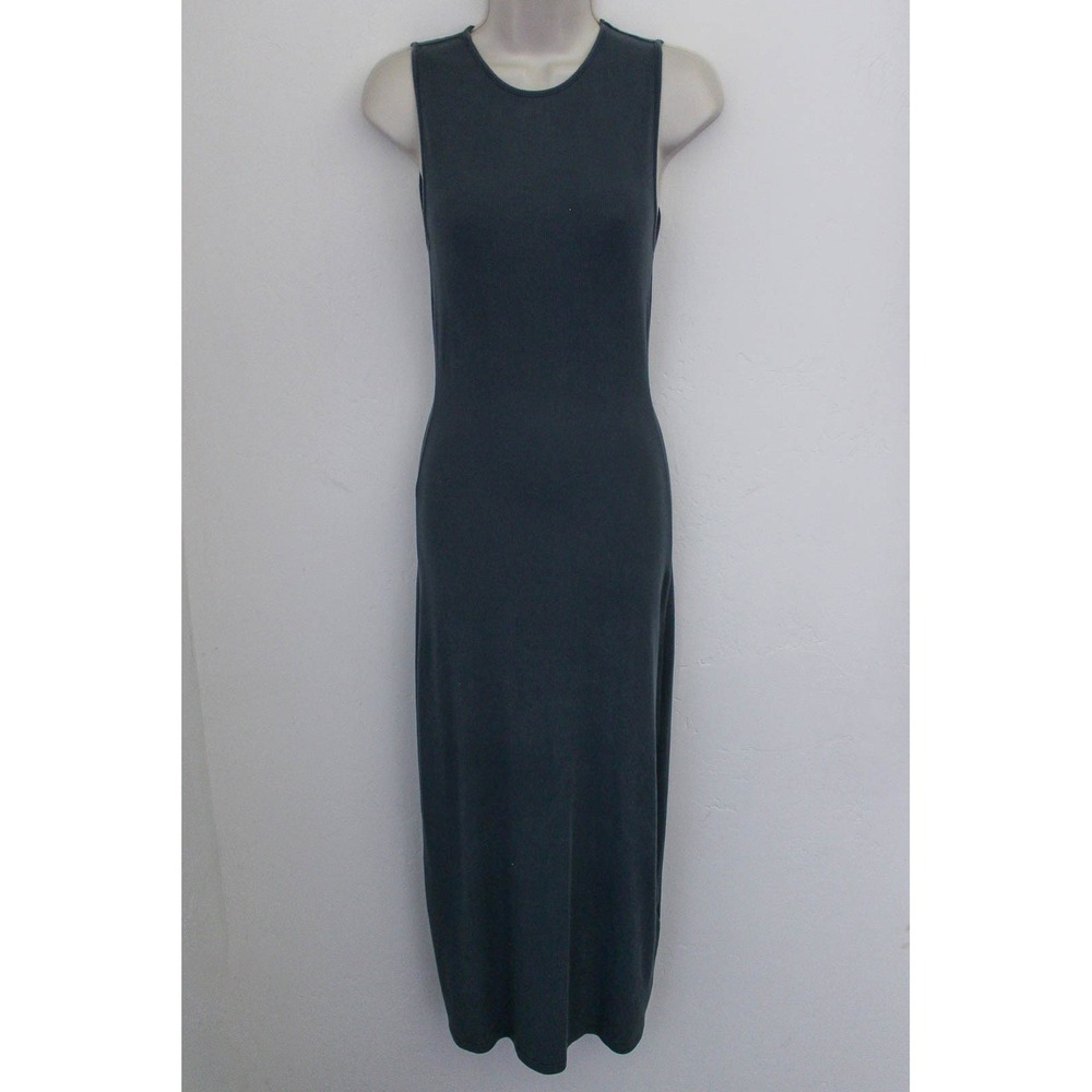Quince Midi Tank Dress Medium Green Tencel Rib Knit Stretch Pullover Bodycon
